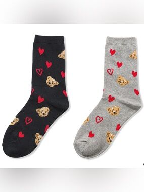 NWT Zenana Black & Grey Teddy Bear Heart Crew Socks Cozy Cute Gift One Size
